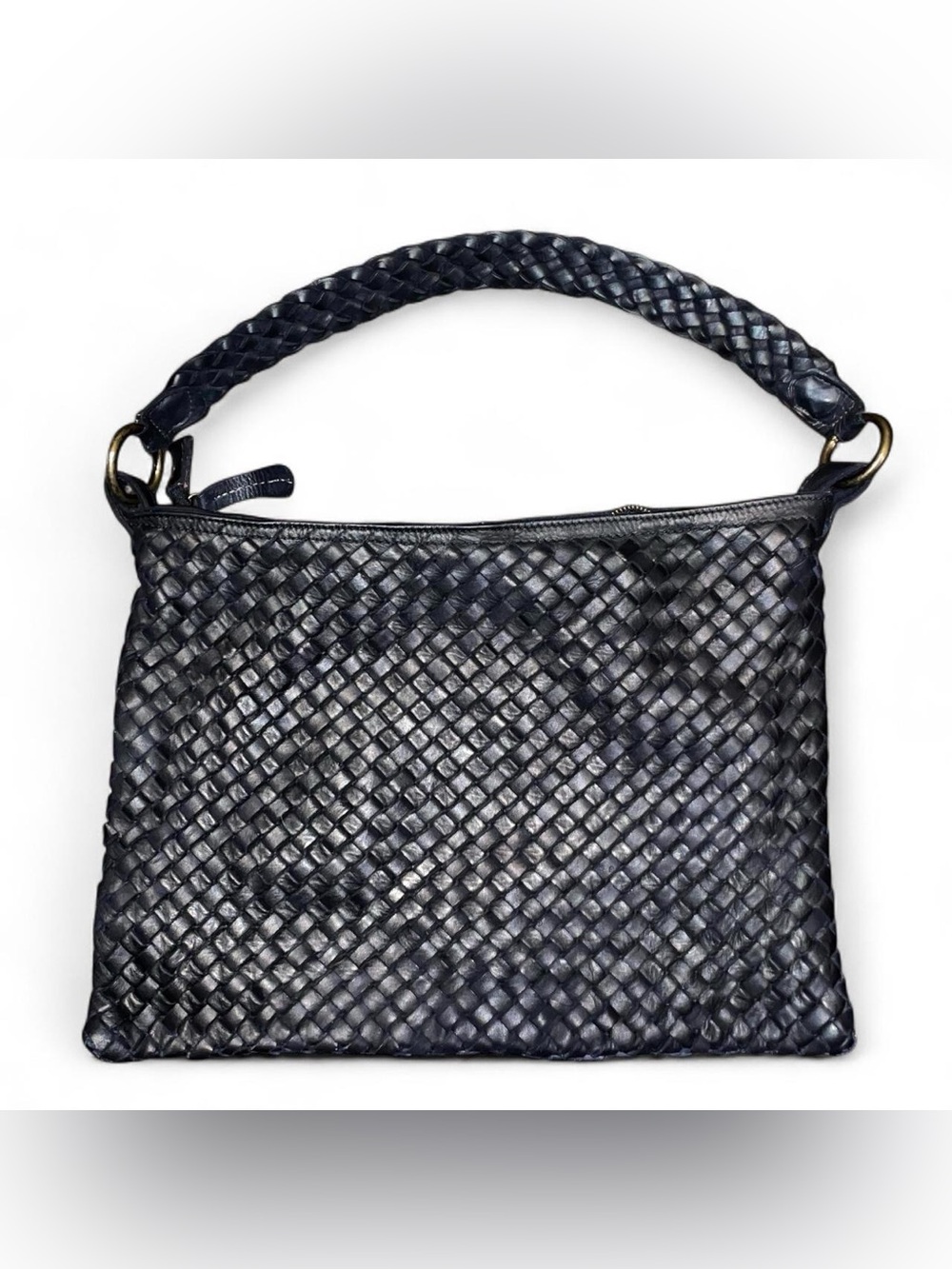 Vera Pelle Woven Leather Shoulder Black Bag with Gold Hardware